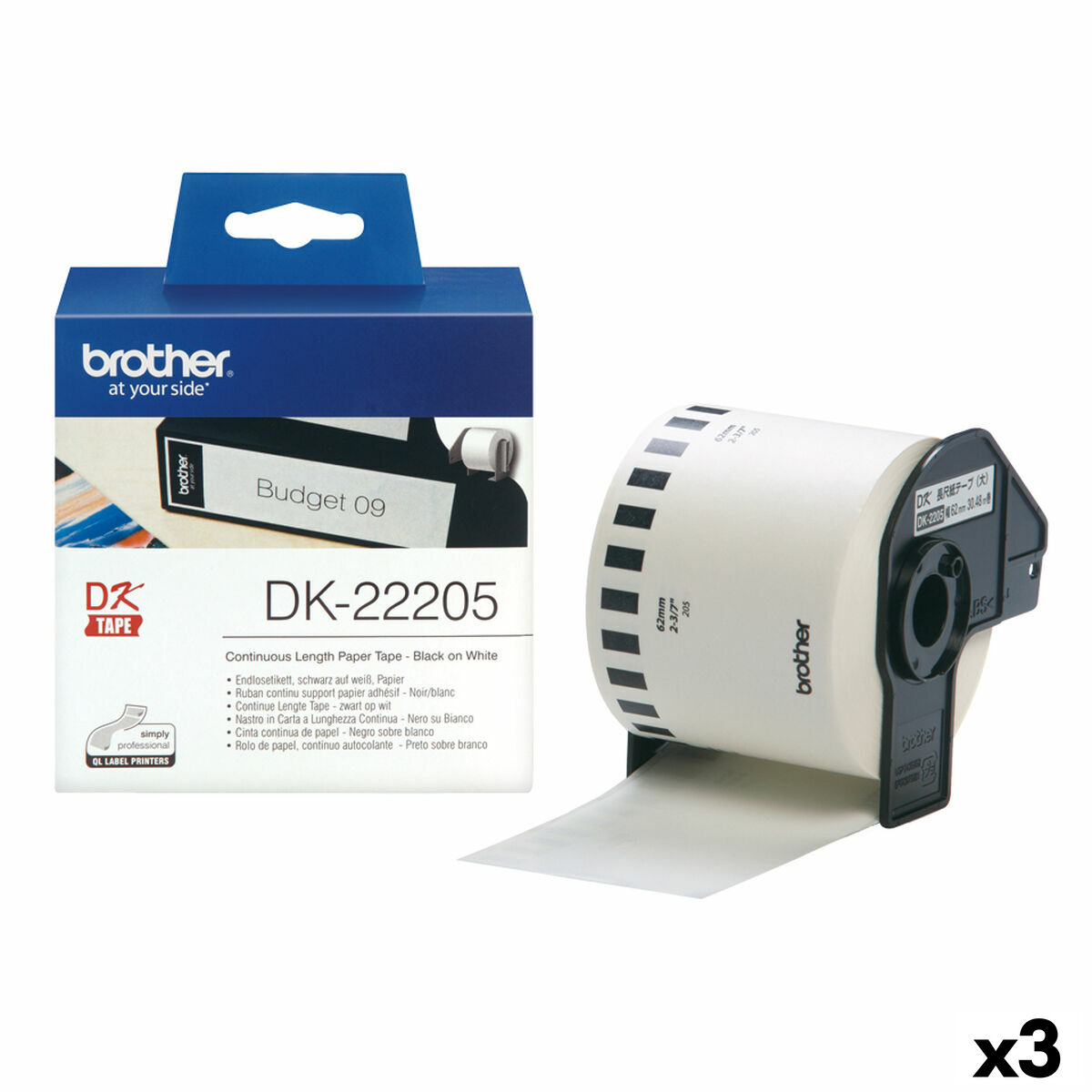 Kontinuerligt papper på rulle Brother DK-22205 Svart/Vit (3 antal)
