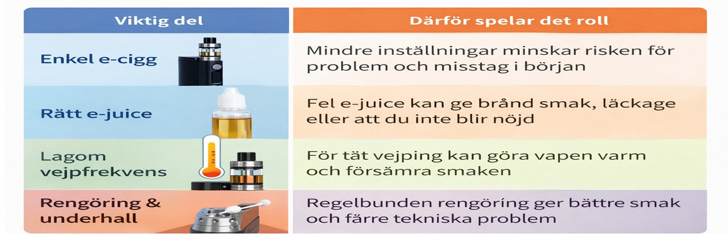 Illustrerad tabell som förklarar viktiga delar av e-cigg för nybörjare