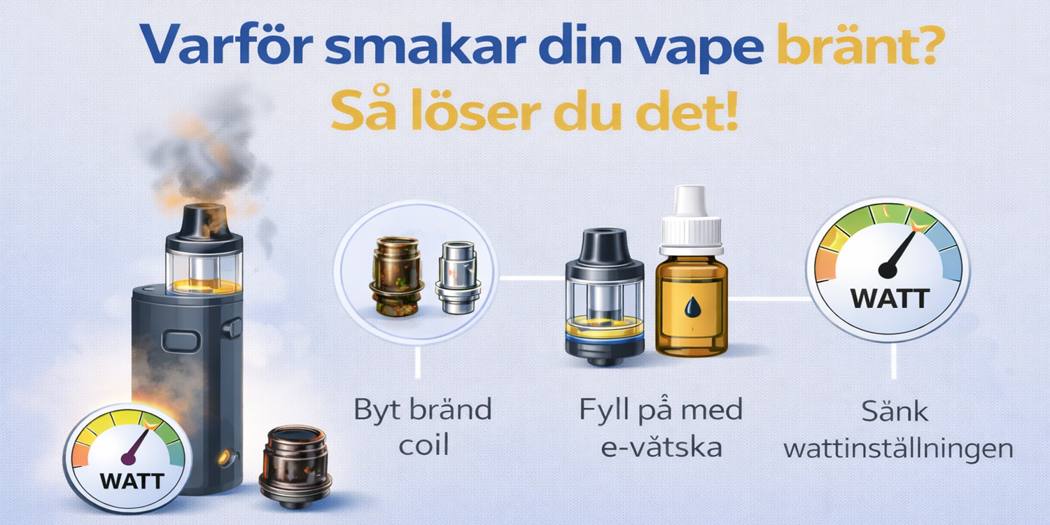 Illustrerad guide som förklarar varför en vape kan smaka bränt och visar lösningar som att byta bränd coil, fylla på e-vätska och sänka wattinställningen.