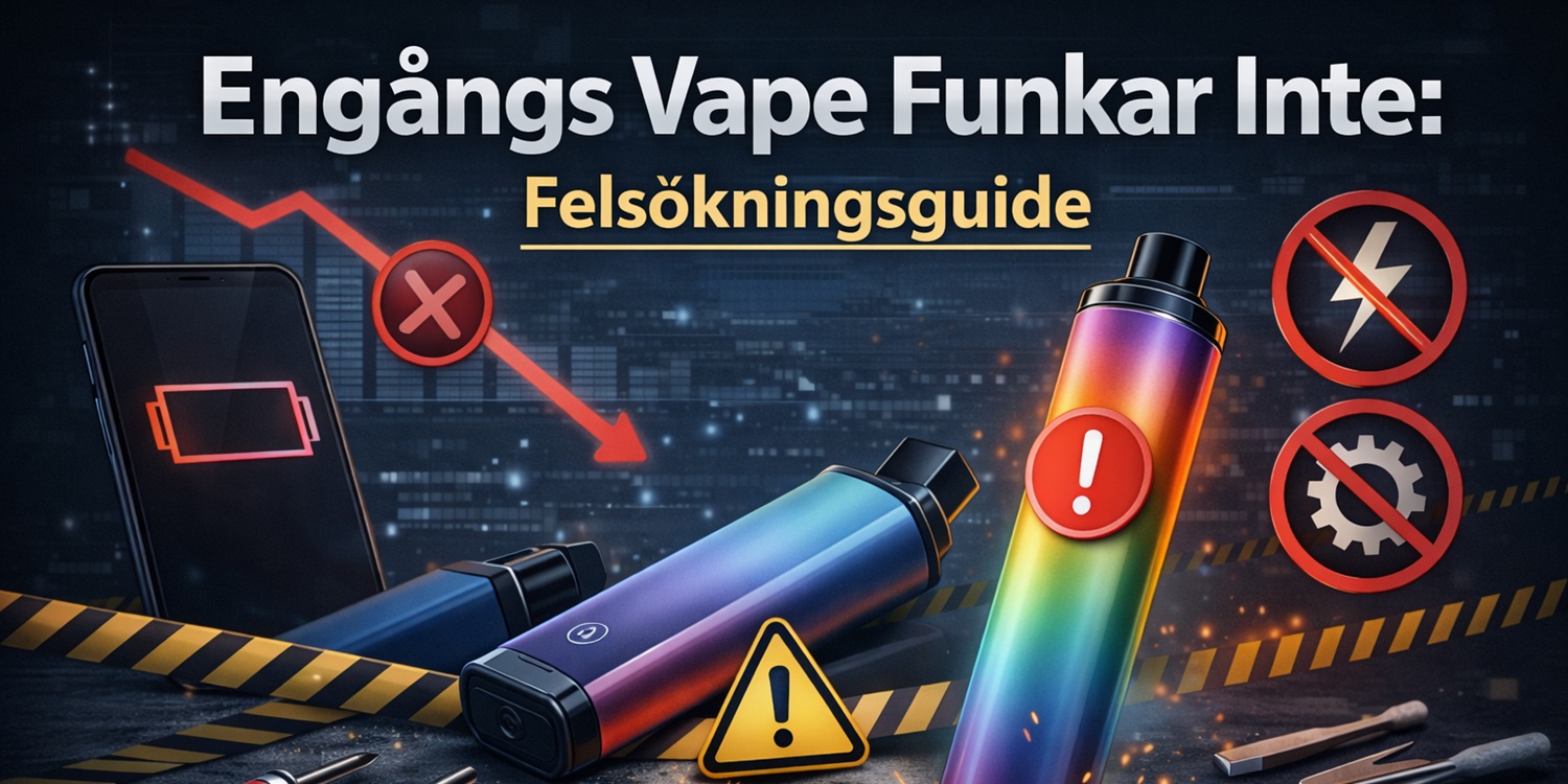 Illustration som visar en engångsvape som inte fungerar, med symboler för blinkande lampa, utebliven ånga och felsökning