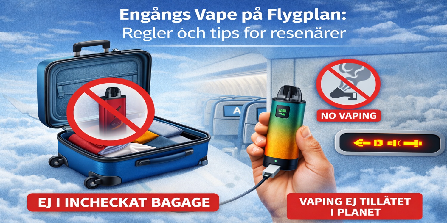 Illustration som visar regler för engångsvape på flygplan, där engångsvapes inte är tillåtna i incheckat bagage och vaping är förbjudet ombord på flyget.