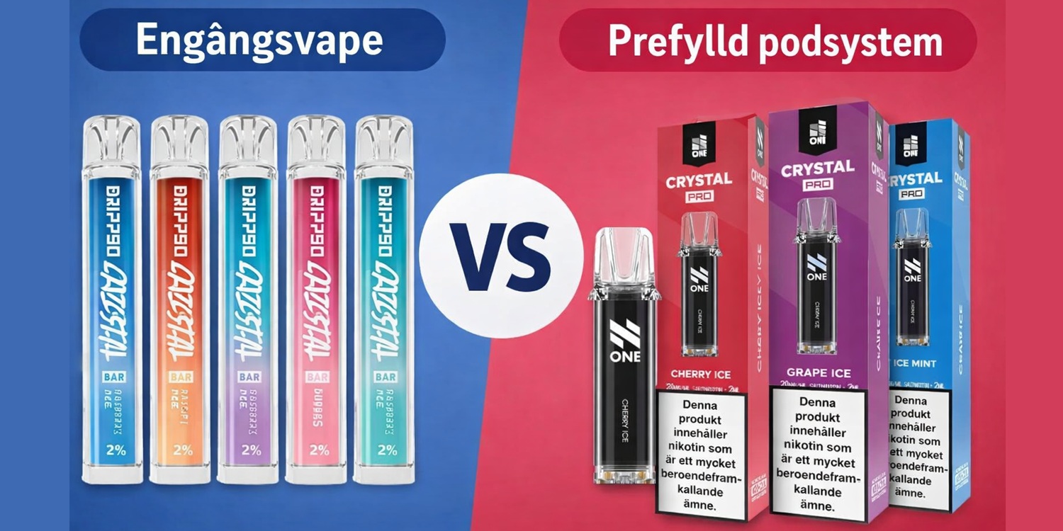 Visuell jämförelse av engångsvape och prefyllda podsystem som visar skillnader i format och användning