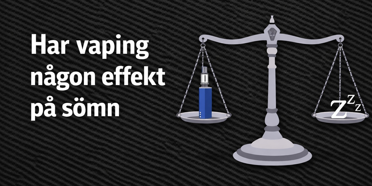 Illustration om vaping och sömn där texten ”Har vaping någon effekt på sömn” är placerad till vänster och en balansvåg till höger som visar en vape på ena sidan och sömnsymboler (Zzz) på den andra, vilket illustrerar hur vaping kan påverka sömn och vila.