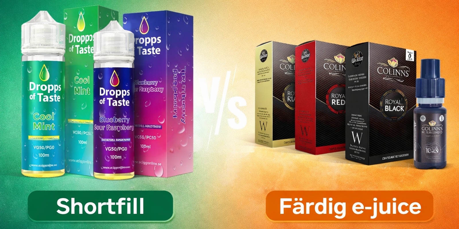 Jämförelse mellan shortfill och färdig e-juice med Dropps of Taste shortfills och färdig e-juice i olika förpackningar.