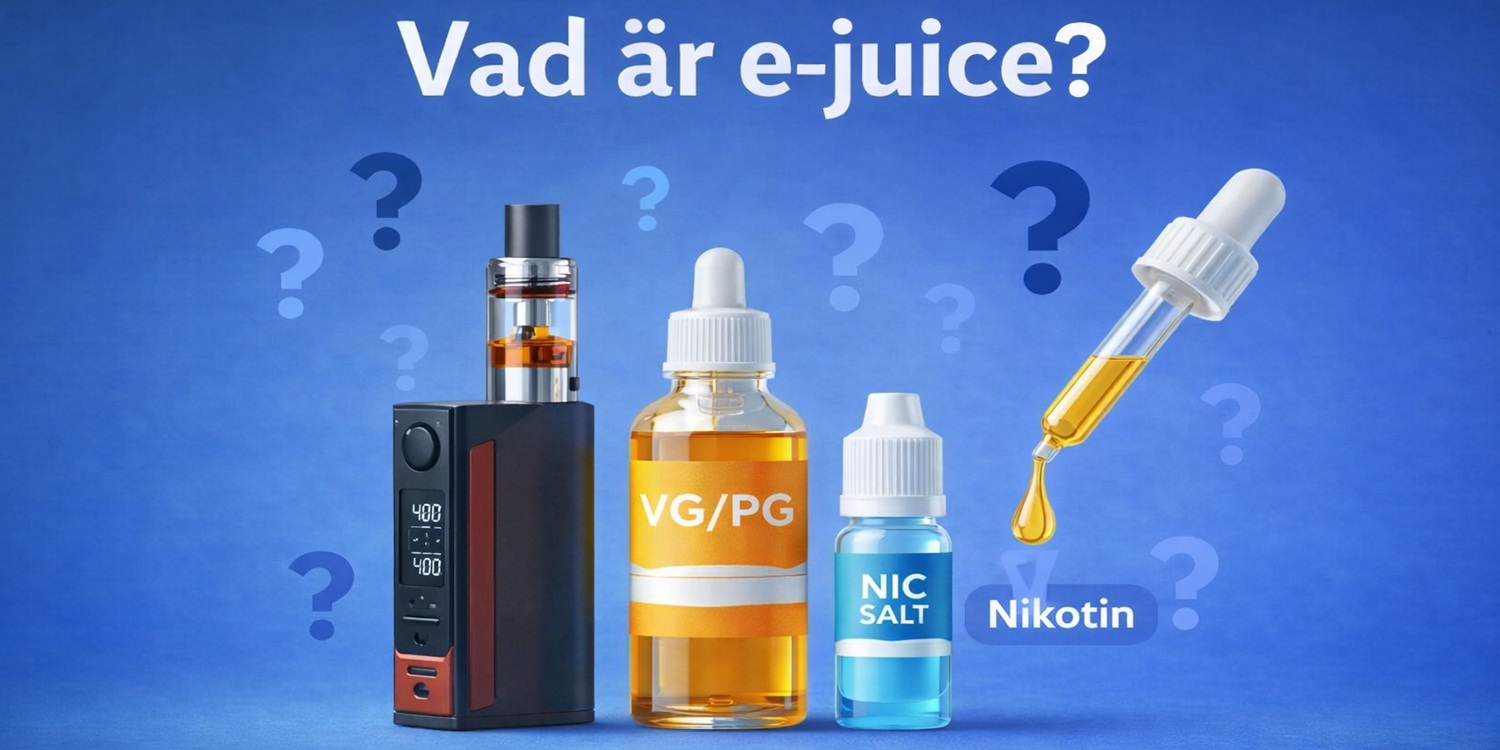 Illustration som förklarar vad e-juice är och visar VG, PG och nikotin i vape
