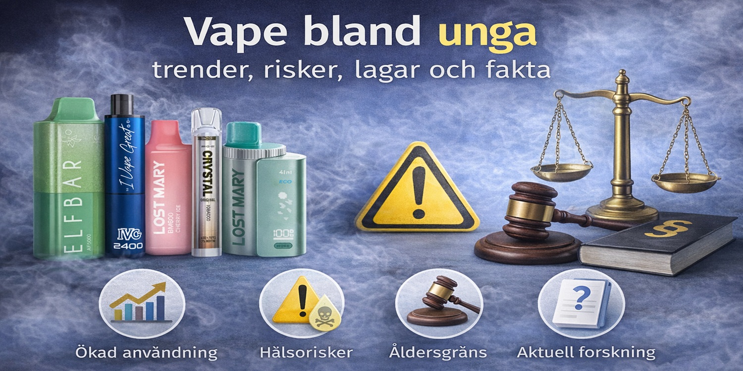 Informationsgrafik om vape bland unga som belyser trender, hälsorisker, åldersgränser och gällande lagar, presenterad i en seriös och icke-lockande stil.