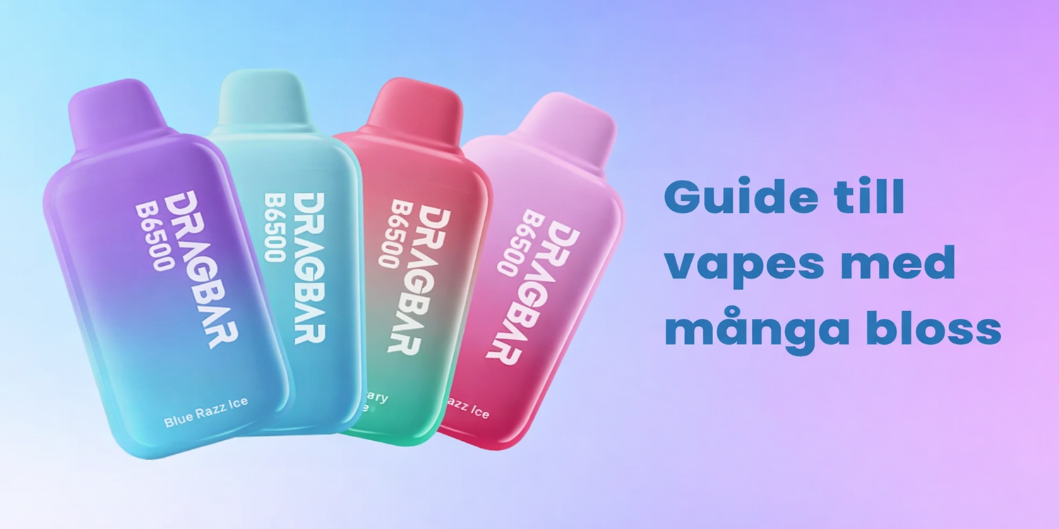 Illustration för guide till vapes med många bloss, som visar flera engångsvapes med hög puffkapacitet och lång användningstid.
