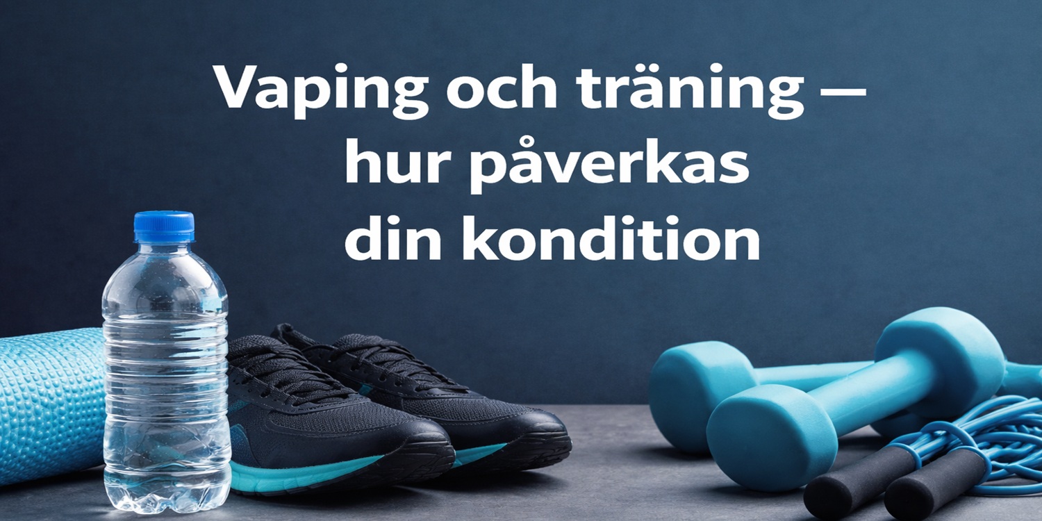 Vaping och träning – hur vaping påverkar kondition och fysisk prestation, illustrerad med träningsutrustning som hantlar, träningsskor, hopprep och vattenflaska.