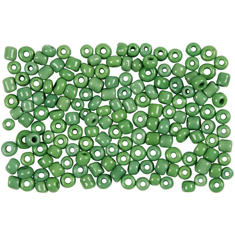 Rocaipärlor, dia. 3 mm, hålstl. 0,6-1,0 mm, grön, 25g, stl. 8/0
