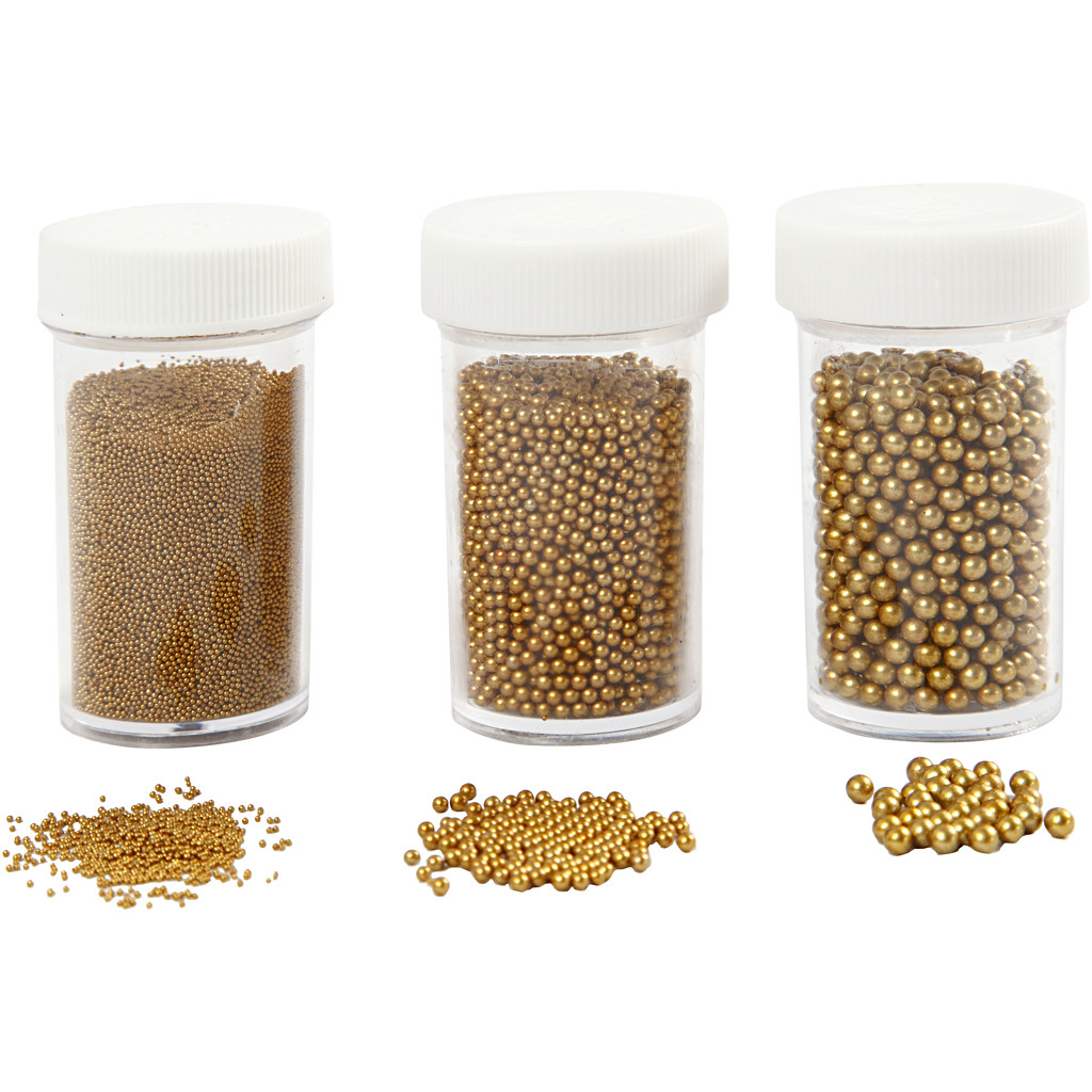 Miniglaskulor, stl. 0,6-0,8+1,5-2+3 mm, guld, 3burkar