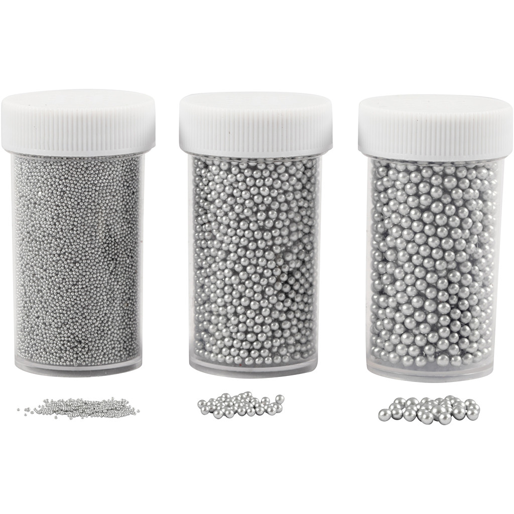 Miniglaskulor, stl. 0,6-0,8+1,5-2+3 mm, Silver, 3burkar