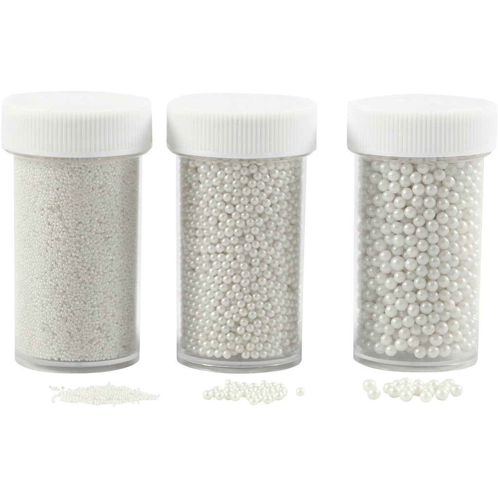 Miniglaskulor, stl. 0,6-0,8+1,5-2+3 mm, pärlemor, 3burkar