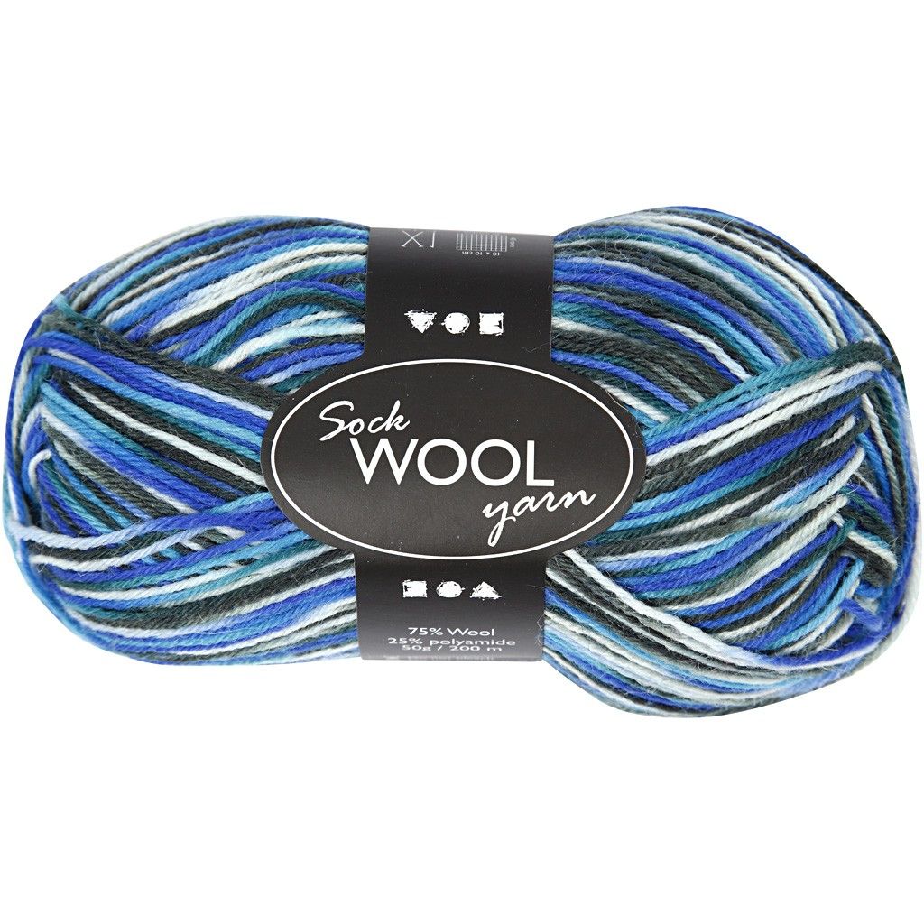 Strumpgarn, L:200m, blå/turkos harmoni, 50g