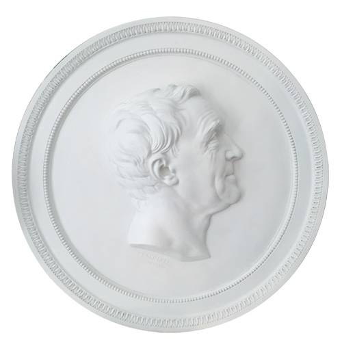 Gipsmedaljong med  Carl von Linné. Avgjutning av Tobias Segels original. 