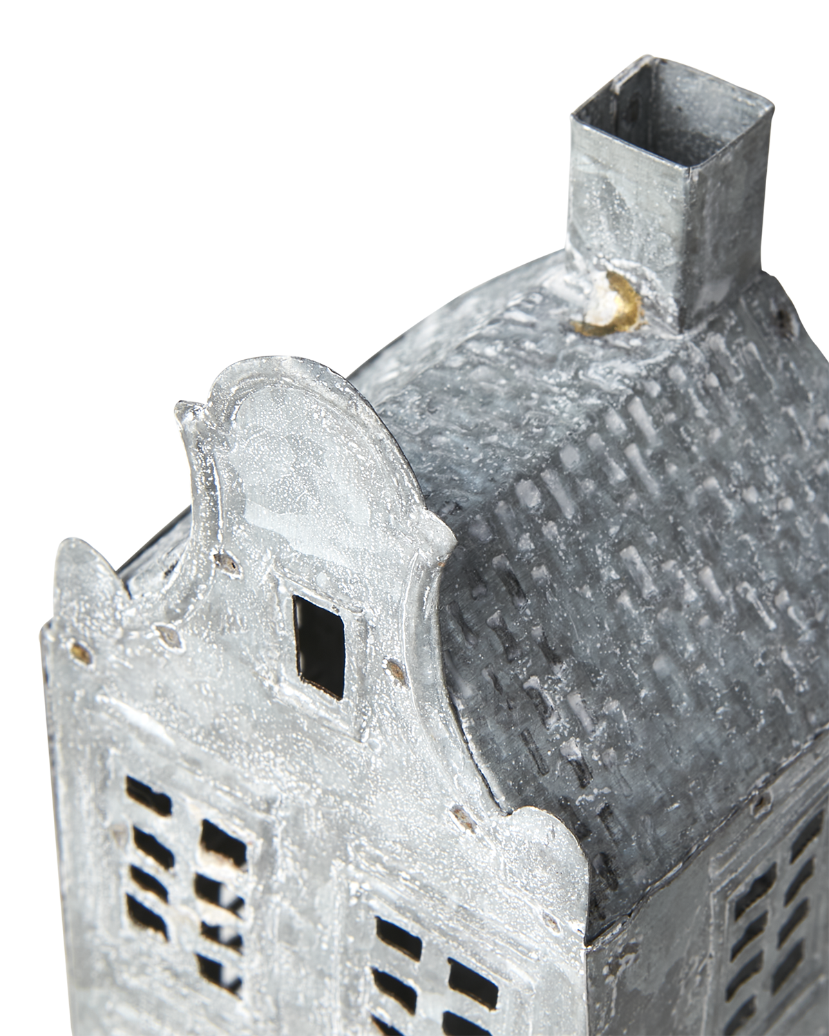 Fenix hus i zink-look, grå/vit ljuslykta i järn form av ett hus