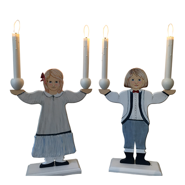 Svensktillverkade och handmålade ljusdockor, festpar