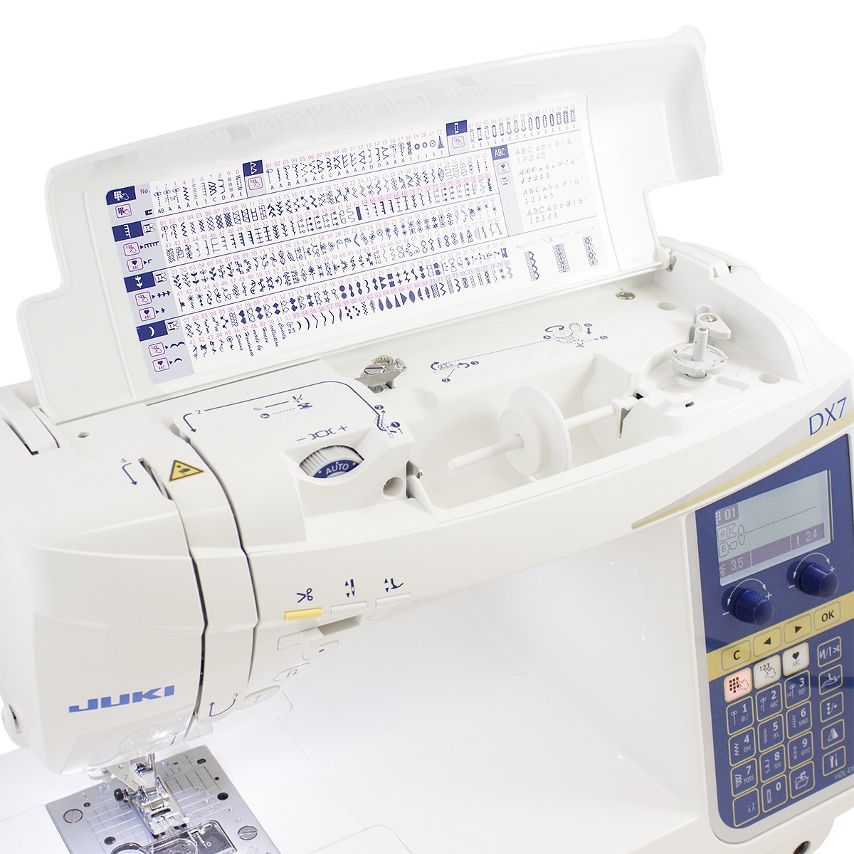 JUKI HZL-DX7. Ateljésymaskin med industriella funktioner. 287 sömmar, 4 typsnitt för bokstäver, box-feed matning, automatisk trådklipp, floatfunktion.  - 8