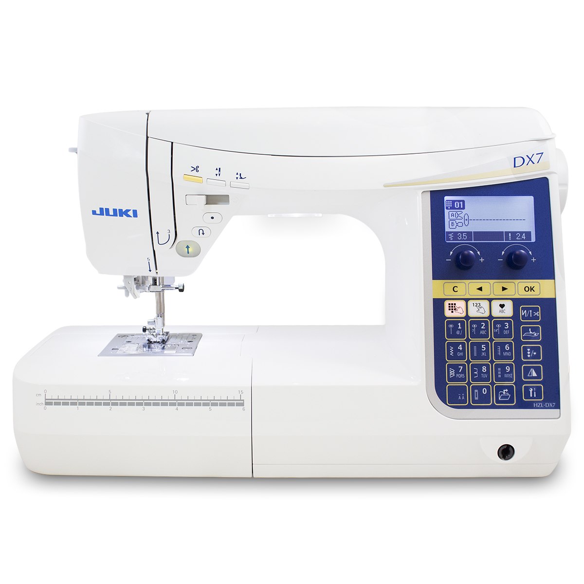 JUKI HZL-DX7. Ateljésymaskin med industriella funktioner. 287 sömmar, 4 typsnitt för bokstäver, box-feed matning, automatisk trådklipp, floatfunktion.  - 4