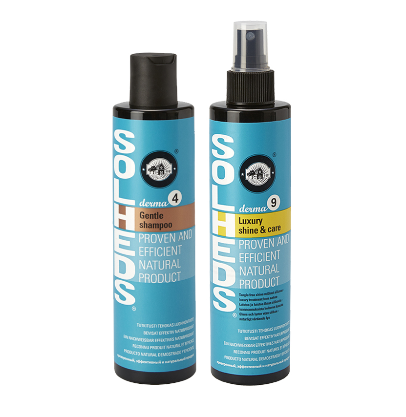 Derma 4 shampo 250 ml ja  Derma 9 Luxury Shine & care spray 250ml - paketti