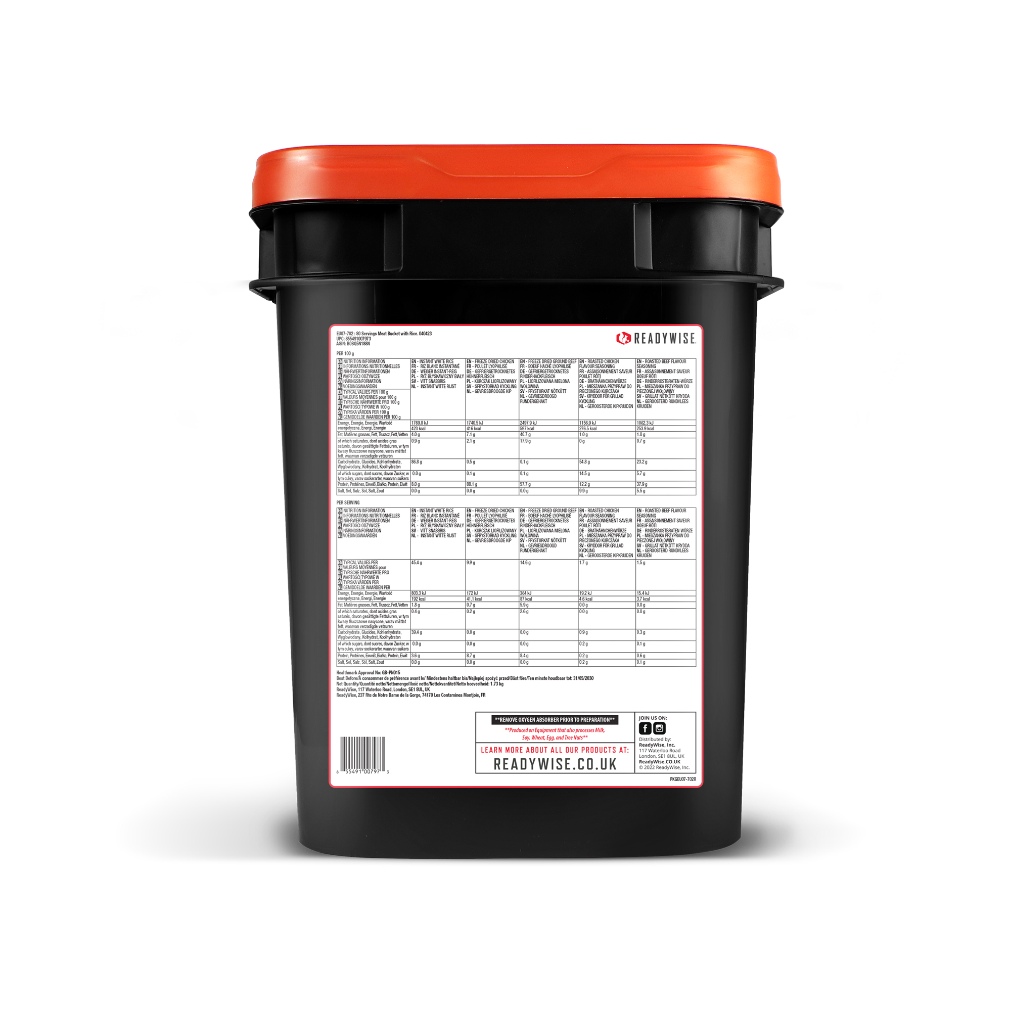 ReadyWise 80 Serving Meat &amp; Rice Bucket  | Freeze-dried food | 1730g - 3