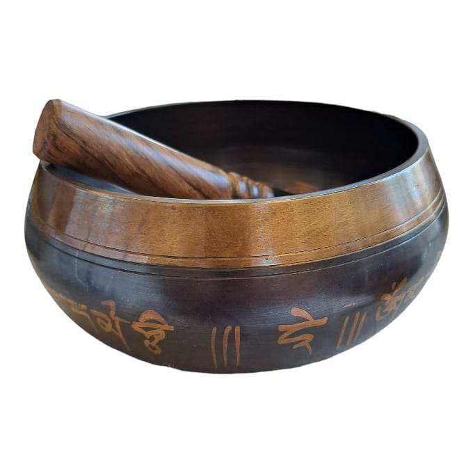 Tibetanska klangskålar -Singing Bowls med kudde och mörk skinnklädd slagpinne