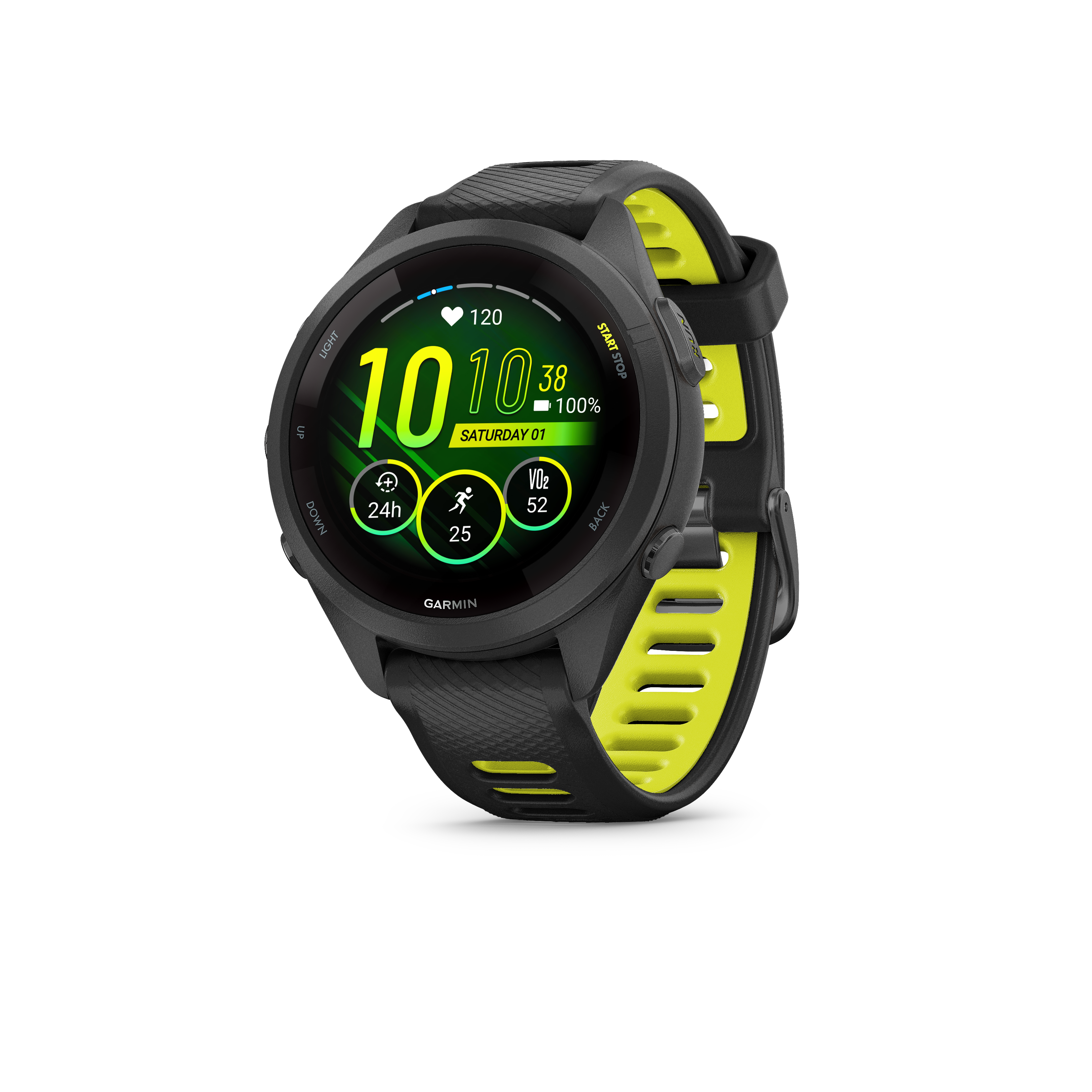 Garmin Forerunner® 265S - Black bezel and case with black/yellow silicone strap
