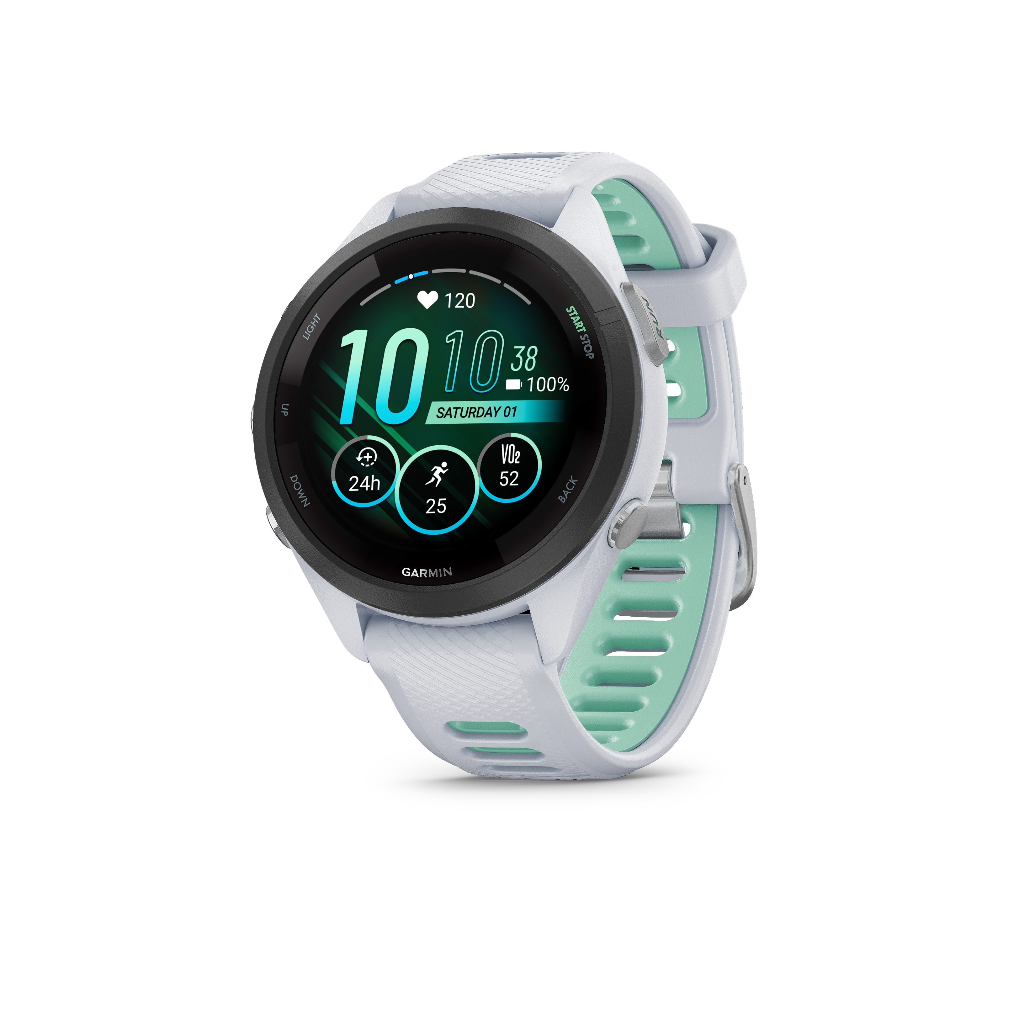 Garmin Forerunner® 265S - Svart ramme med hvitt etui og hvit/tropisk grønn silikonrem