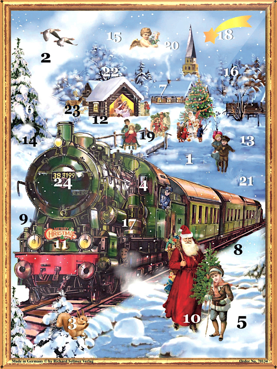 Adventskalender med glitter – Victorian nr.1 Tomte vid Tåg A3