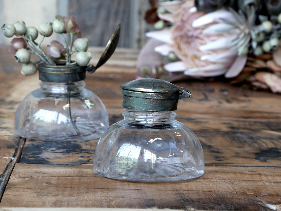 Bläckflaska i glas med lock vintage Ø:8cm - 3