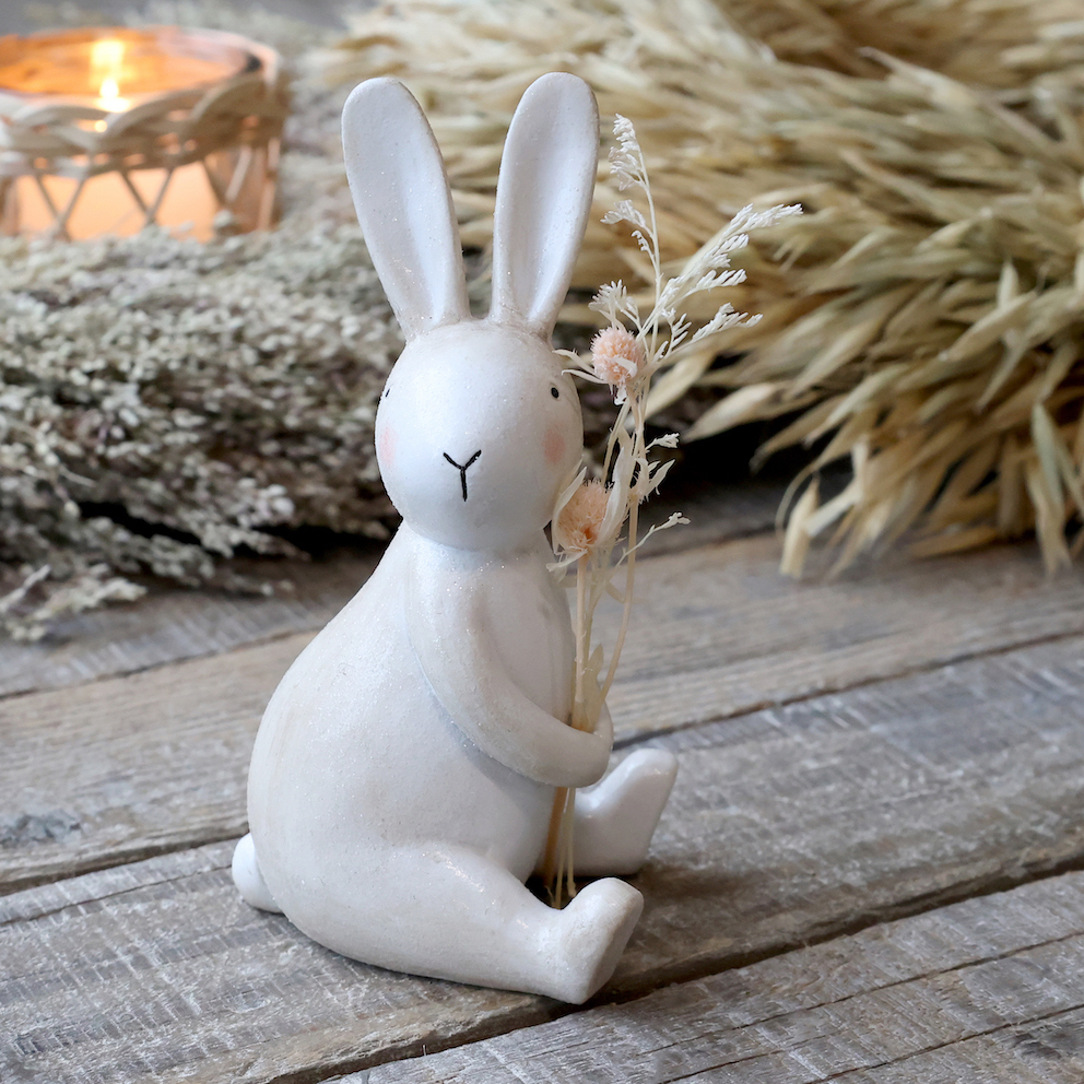 Kanin sittande, vit med glitter & blommor