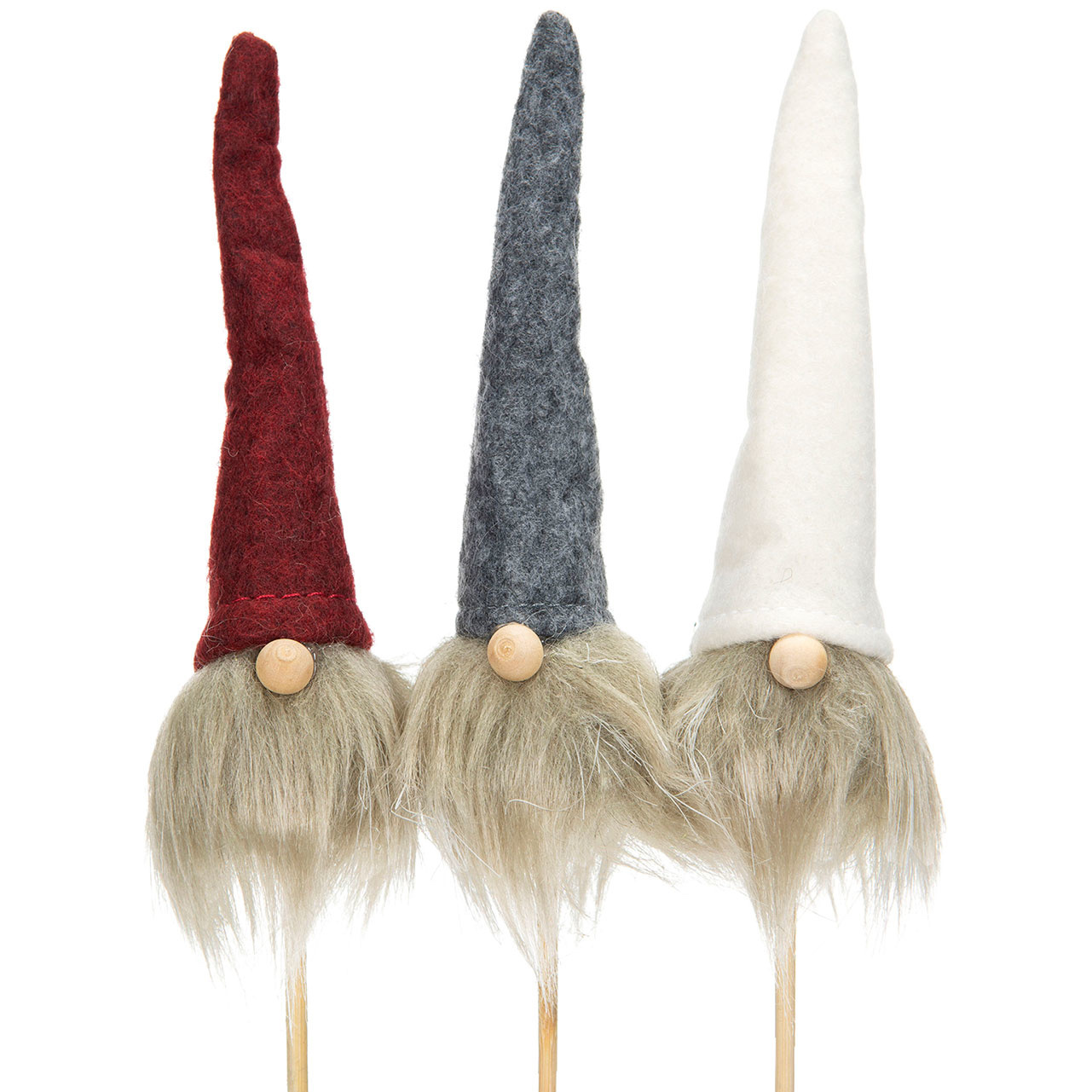 Stick tomte med hög luva röd, grå el vit H:12cm pris/st - 2