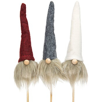 Stick tomte med hög luva röd, grå el vit H:12cm pris/st
