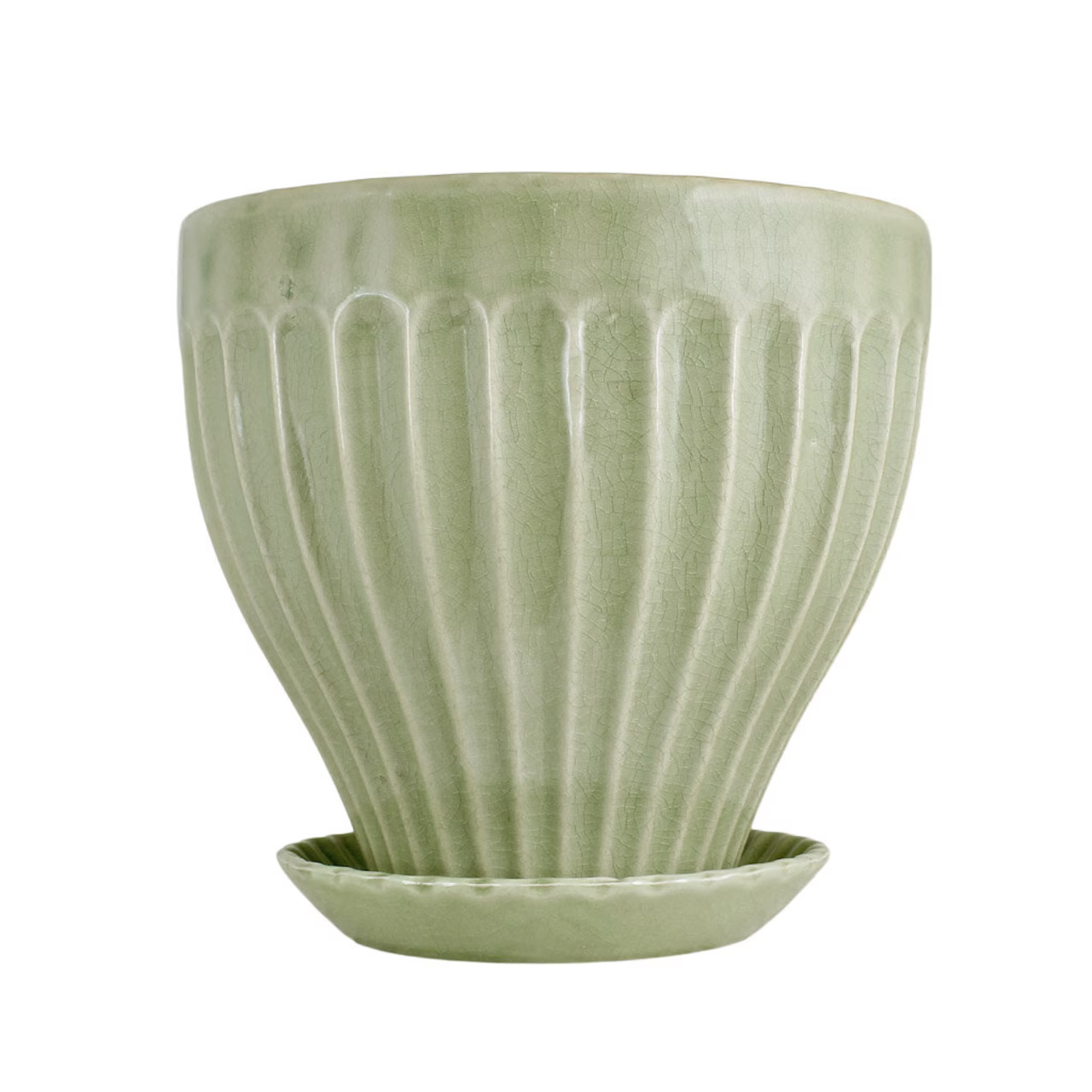 Kruka ANNA med reliefmönster & fat – Ljusgrön Stor Ø:25cm H:23cm