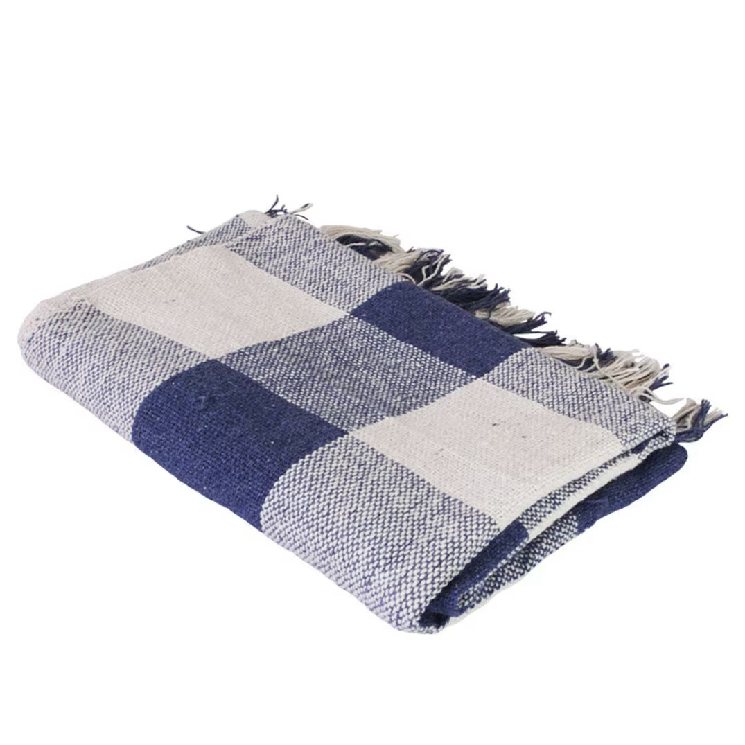 Pläd STINA i återvunnen bomull – Blå/Offwhite 125x150cm