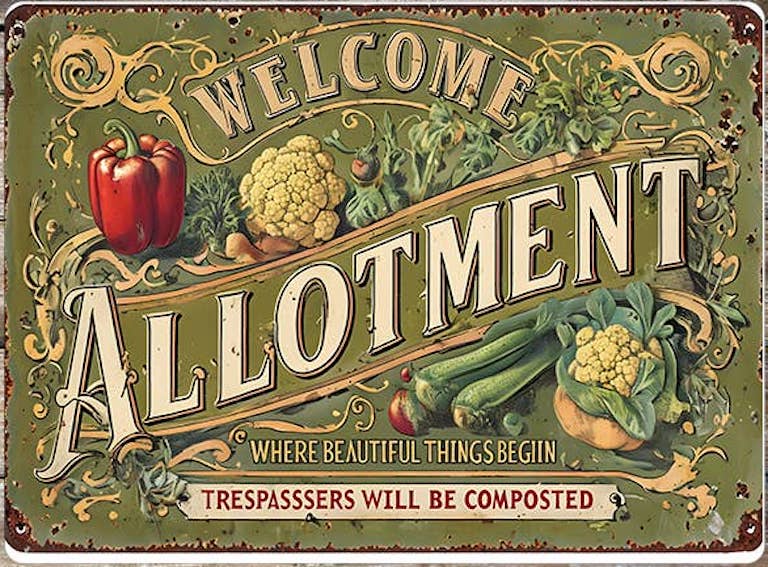 Metallskylt i vintagestil – Welcome Allotment 28x41cm