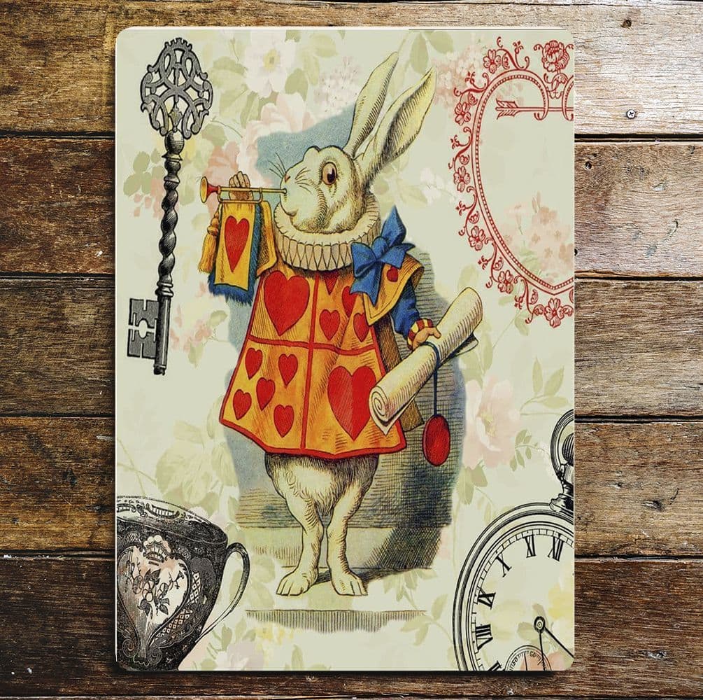 Metallskylt i vintagestil – Alice in Wonderland... The White Rabbit 15x20cm - 2
