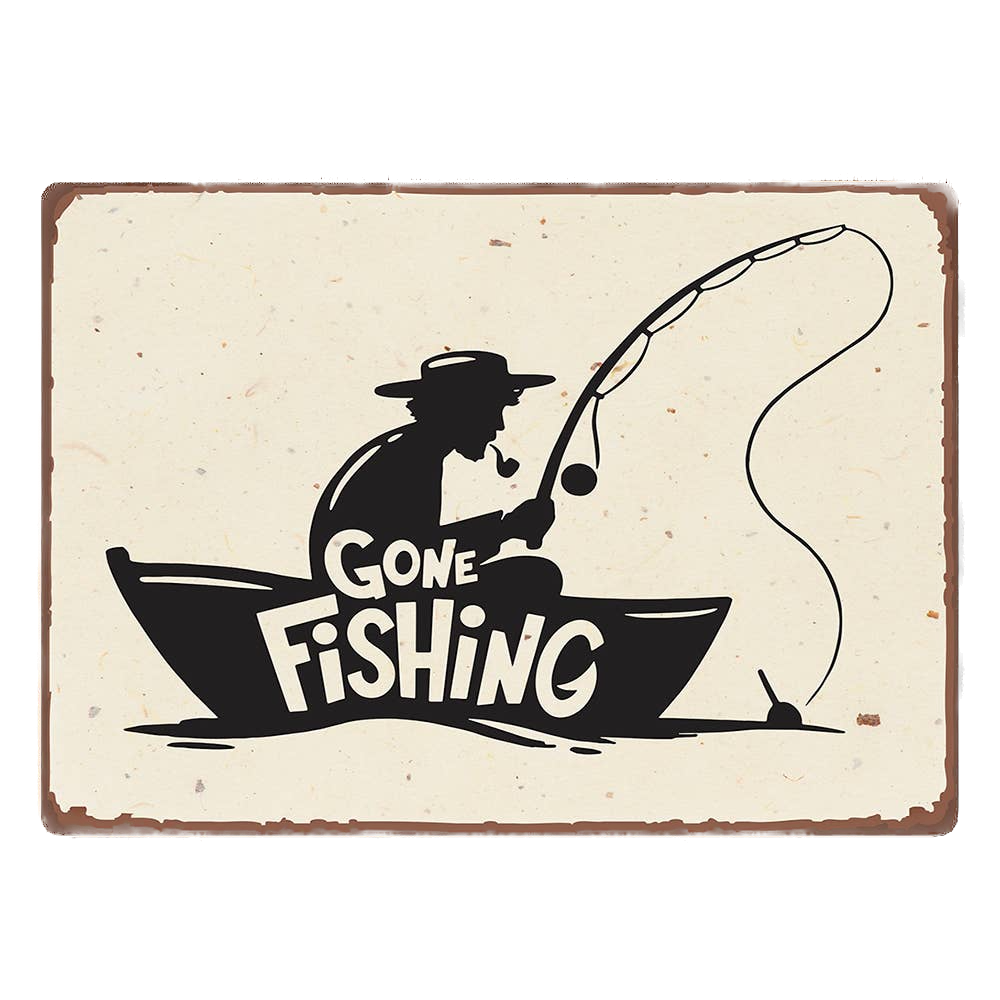 Metallskylt i vintagestil – Gone Fishing 15x20cm