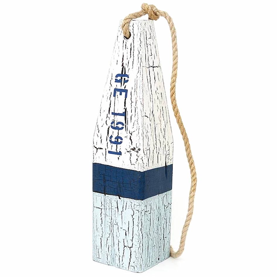 Dörrstopp vit & blå vintageboj i trä 10x40cm
