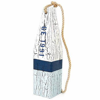 Dörrstopp vit & blå vintageboj i trä 10x40cm