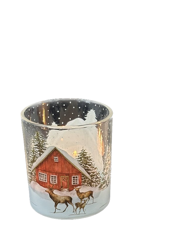 Ljuslykta i glas – Hjortar framför stuga liten H:8cm