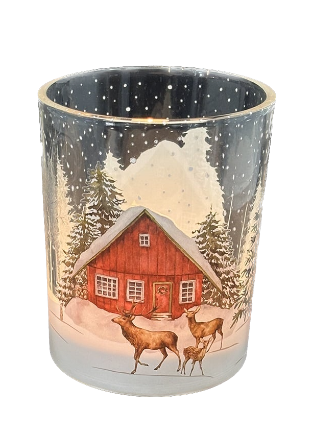 Ljuslykta i glas – Hjortar framför stuga stor H:12,5cm