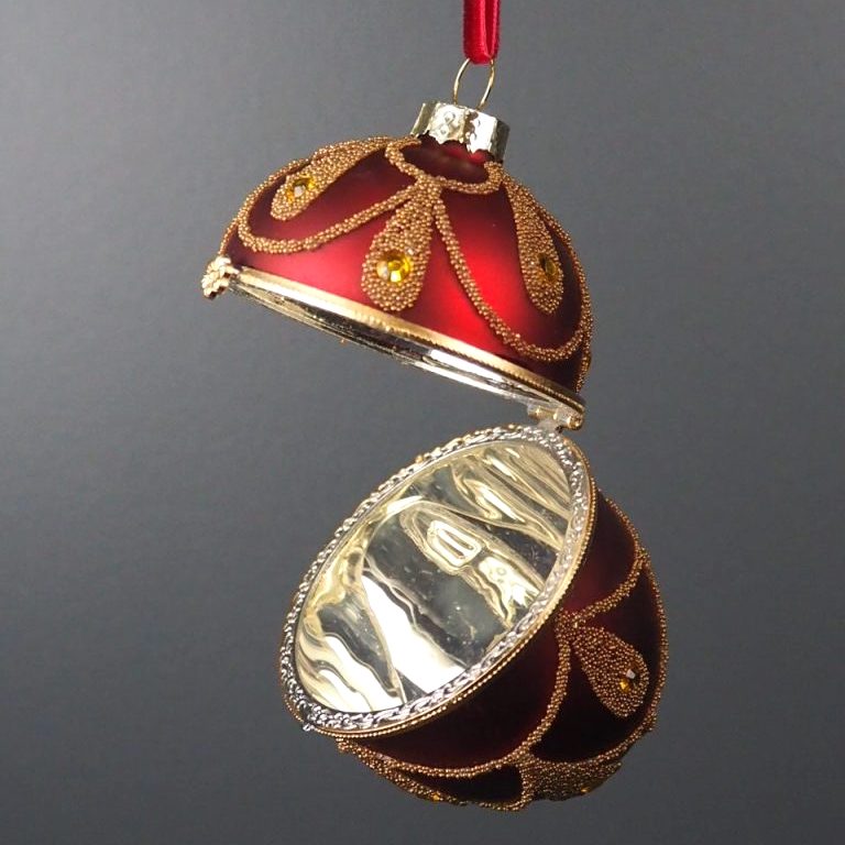 Julkula GLASS EGG – röd glaskula med guldglitter, går att öppna 6x6x9,5cm - 3