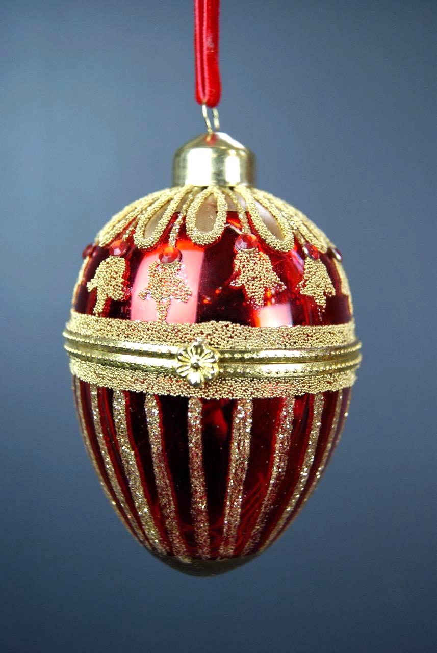Julkula GLASS EGG – röd glaskula med guldglitter, går att öppna 8,5cm med ask