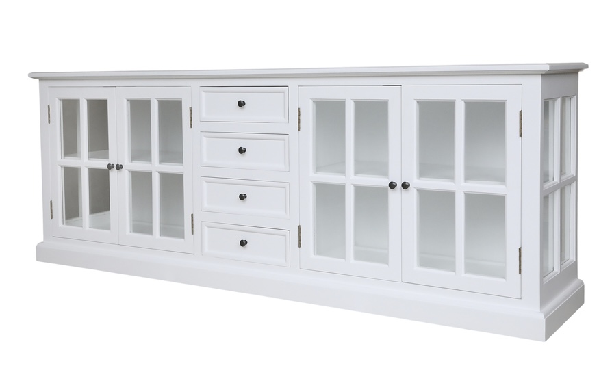 Sideboard, vitrinskänk med spröjsade glasdörrar och hyllor, vit - 6