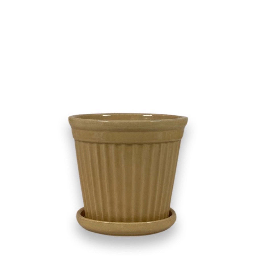 Kruka TERRA i keramik med fat 8x9,2cm, Ocrafärgad 