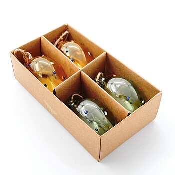 Munblåsta ägg av glas – Gula & gröna med prickar 4-pack
