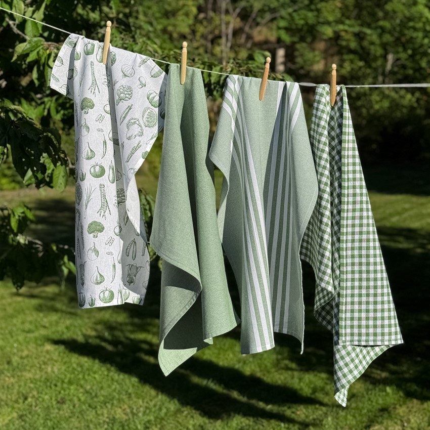 Kökshandduk LINNEA – Recycled OEKO-TEX® Grön & Vit 50x70cm. Fyra olika mönster, Pris/st - 7