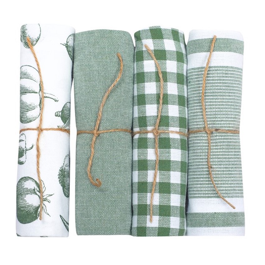 Kökshandduk LINNEA – Recycled OEKO-TEX® Grön & Vit 50x70cm. Fyra olika mönster, Pris/st