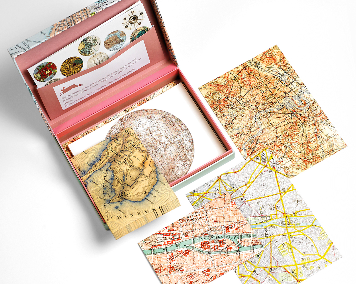Skrivset med 40 brevpapper & kuvert i fin ask – MAPS / Historiska kartor - 4