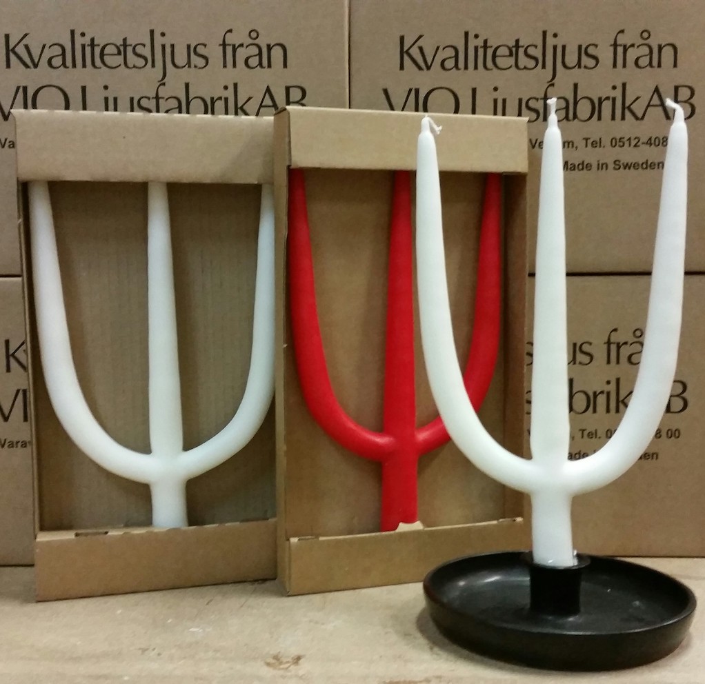 Grenljus handstöpt 3-armat i ask RÖTT H:30cm 7H